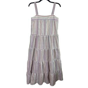 Tart Tiered Midi Dress‎ Women's Large Multicolor Striped Linen Blend Tank Strap